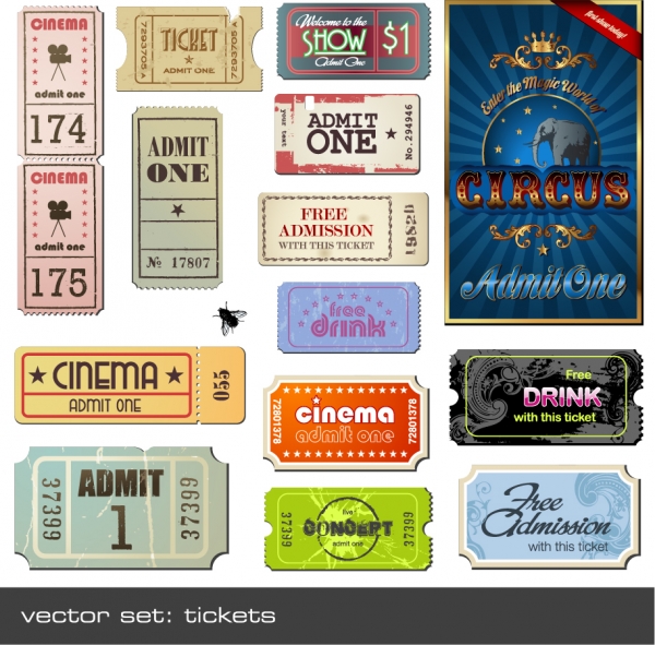 懐かしいヴィンテージ物の映画チケット Vintage Movie Ticket Vector Set